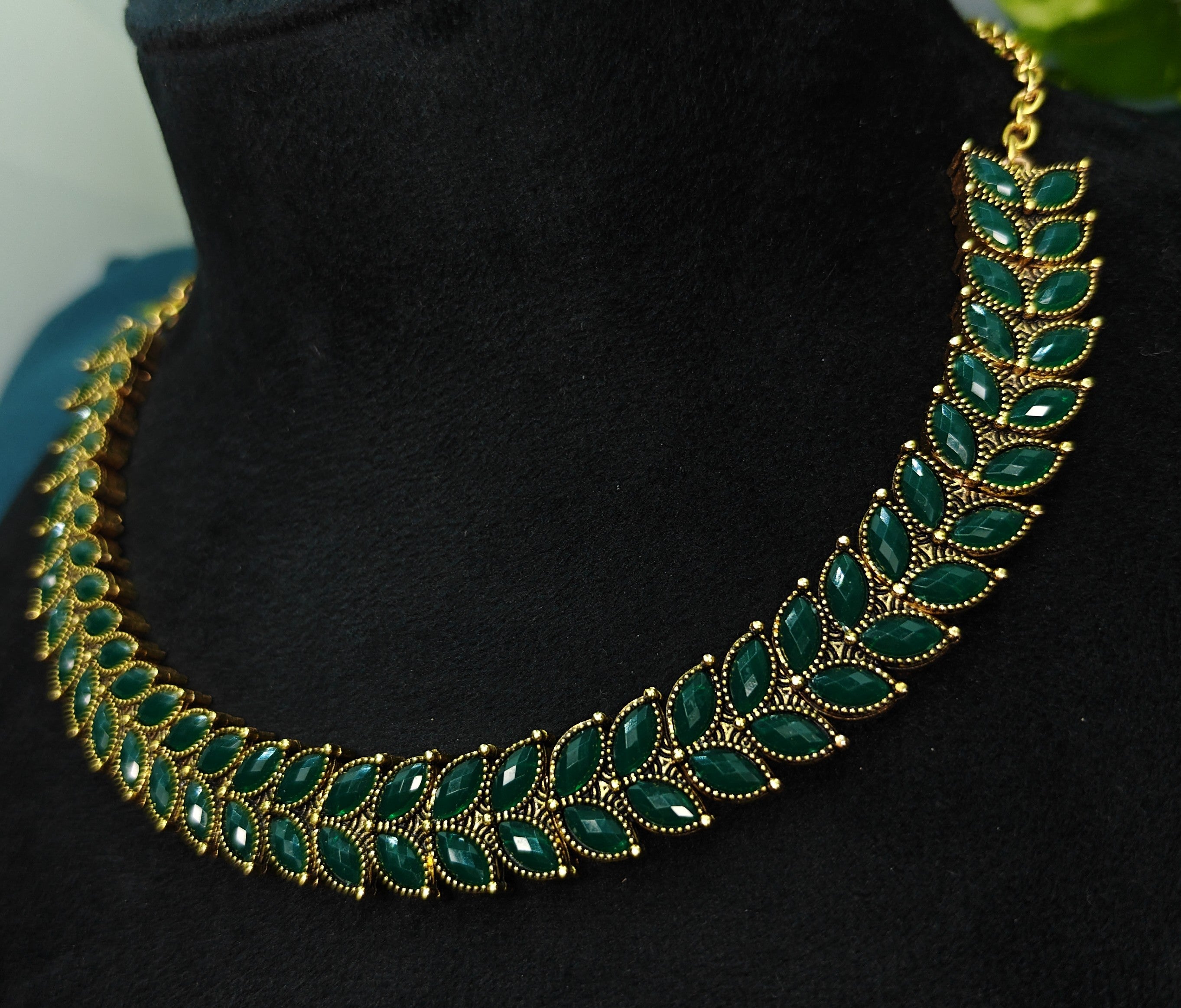 Antique Gold Emerald Green Leaf Necklace Set for Women - Matte Finish