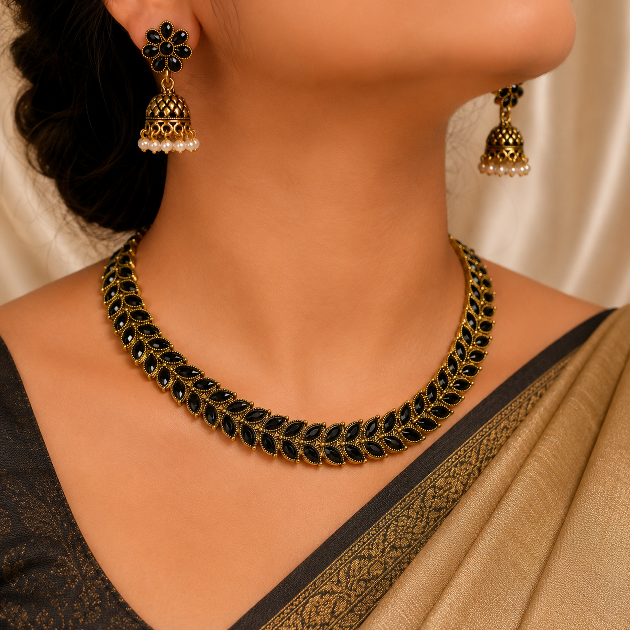 Antique Gold Black Kemp Leaf Necklace Set for Women - Matte Finish