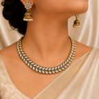 Antique Gold White Kundan Leaf Necklace Set for Women - Matte Finish