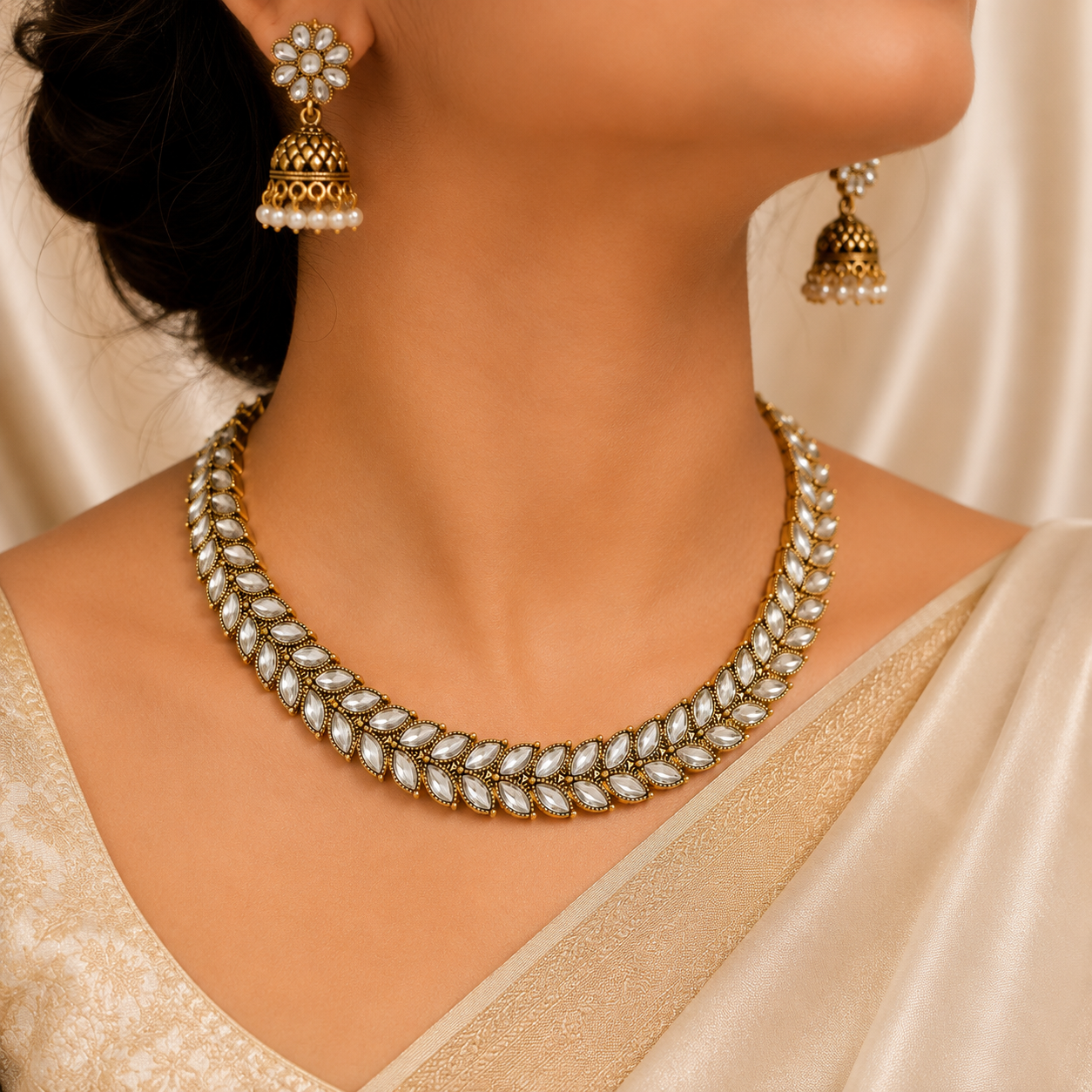 Antique Gold White Kundan Leaf Necklace Set for Women - Matte Finish