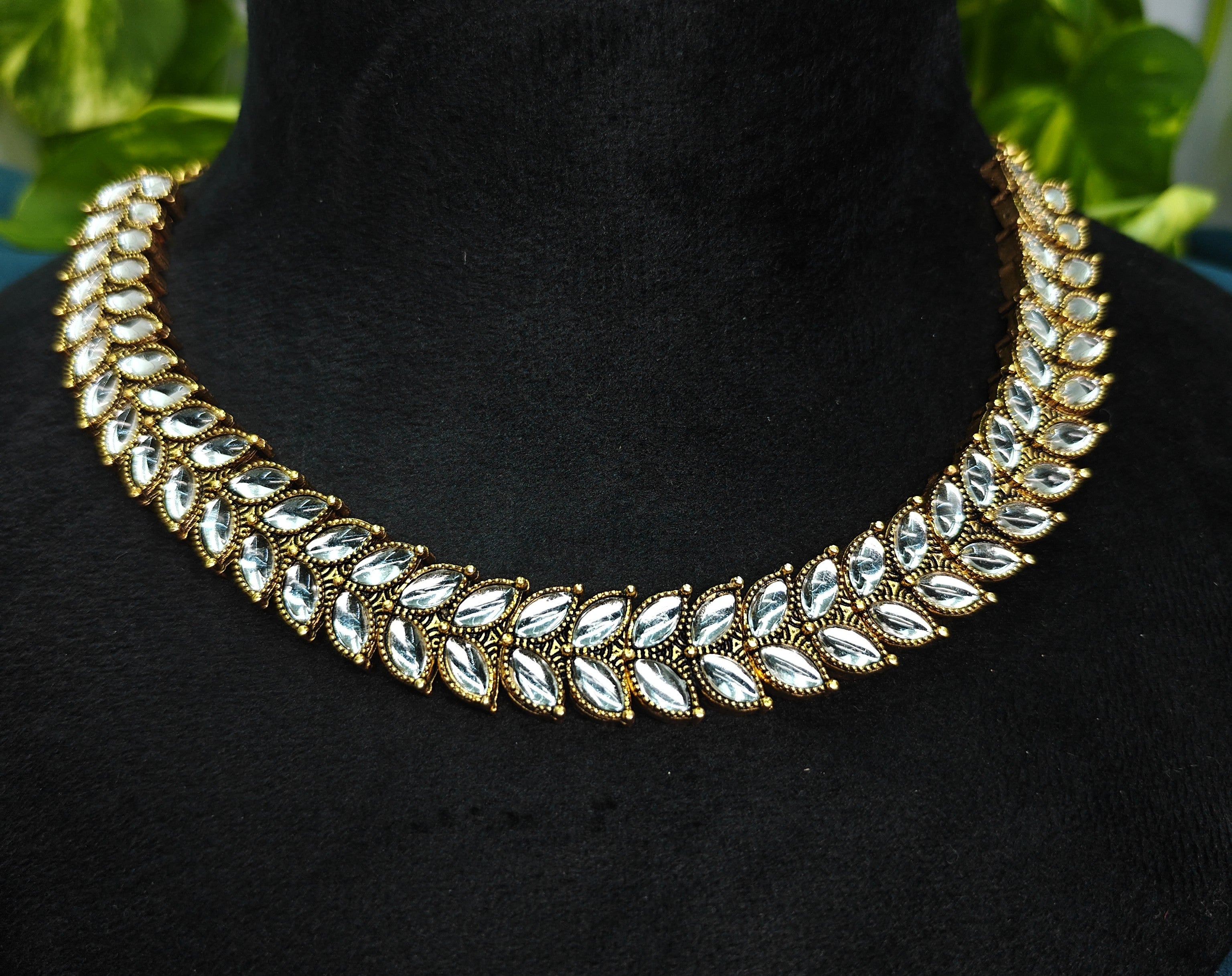 Antique Gold White Kundan Leaf Necklace Set for Women - Matte Finish