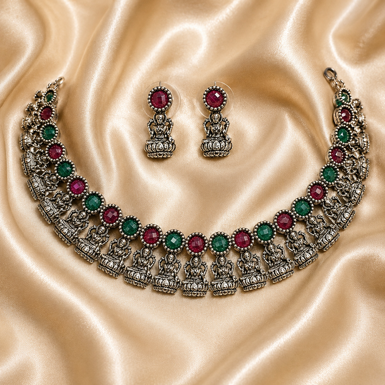 Antique Silver Ruby Emerald Lakshi Necklace Set for Women - Matte Finish