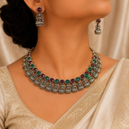 Antique Silver Ruby Emerald Lakshi Necklace Set for Women - Matte Finish