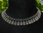 Antique Silver Ruby Emerald Lakshi Necklace Set for Women - Matte Finish
