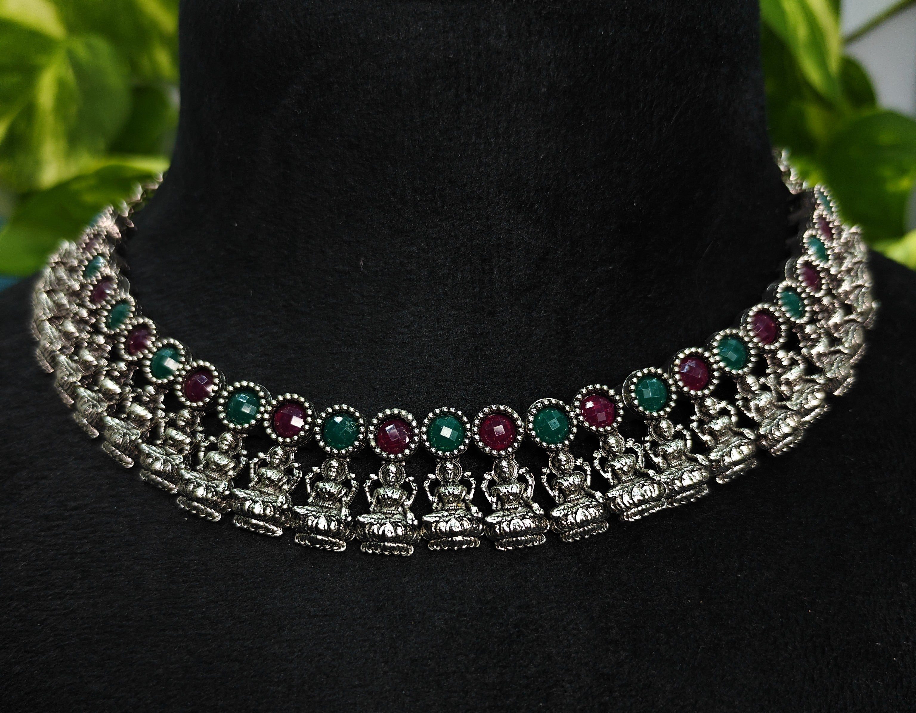 Antique Silver Ruby Emerald Lakshi Necklace Set for Women - Matte Finish