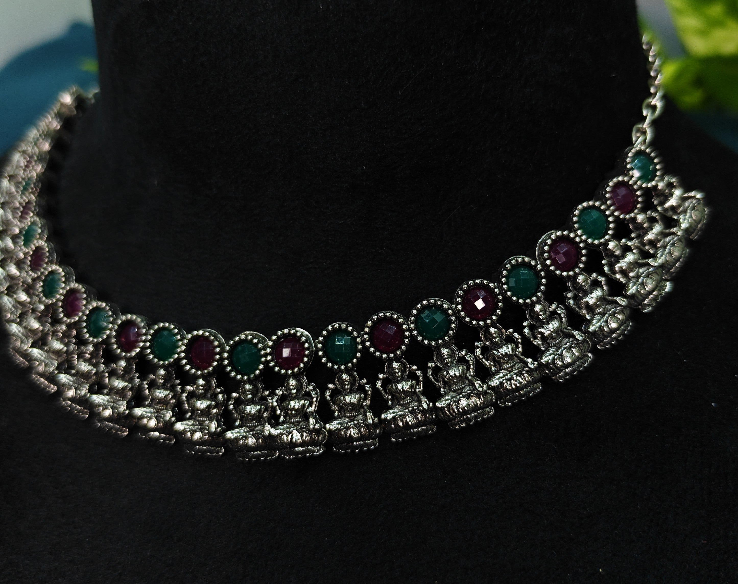 Antique Silver Ruby Emerald Lakshi Necklace Set for Women - Matte Finish