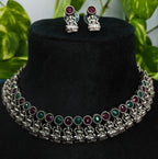 Antique Silver Ruby Emerald Lakshi Necklace Set for Women - Matte Finish
