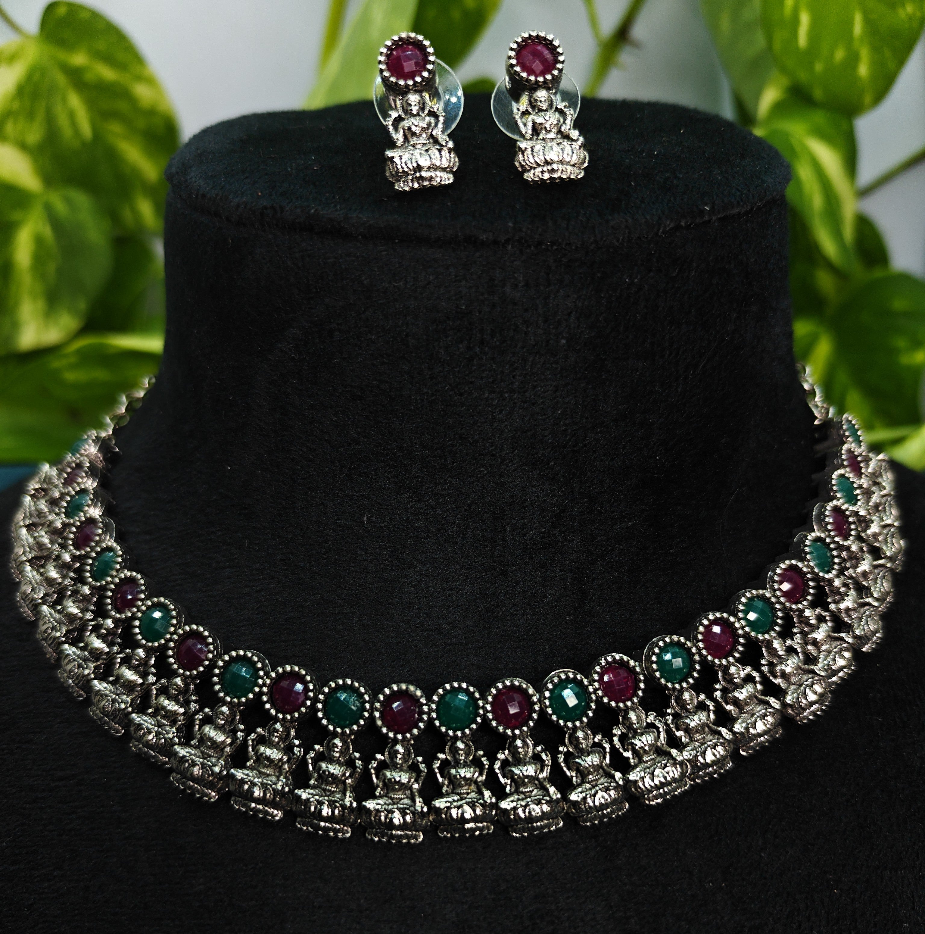 Antique Silver Ruby Emerald Lakshi Necklace Set for Women - Matte Finish
