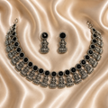Antique Silver Black Kemp Lakshi Necklace Set for Women - Matte Finish