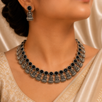 Antique Silver Black Kemp Lakshi Necklace Set for Women - Matte Finish