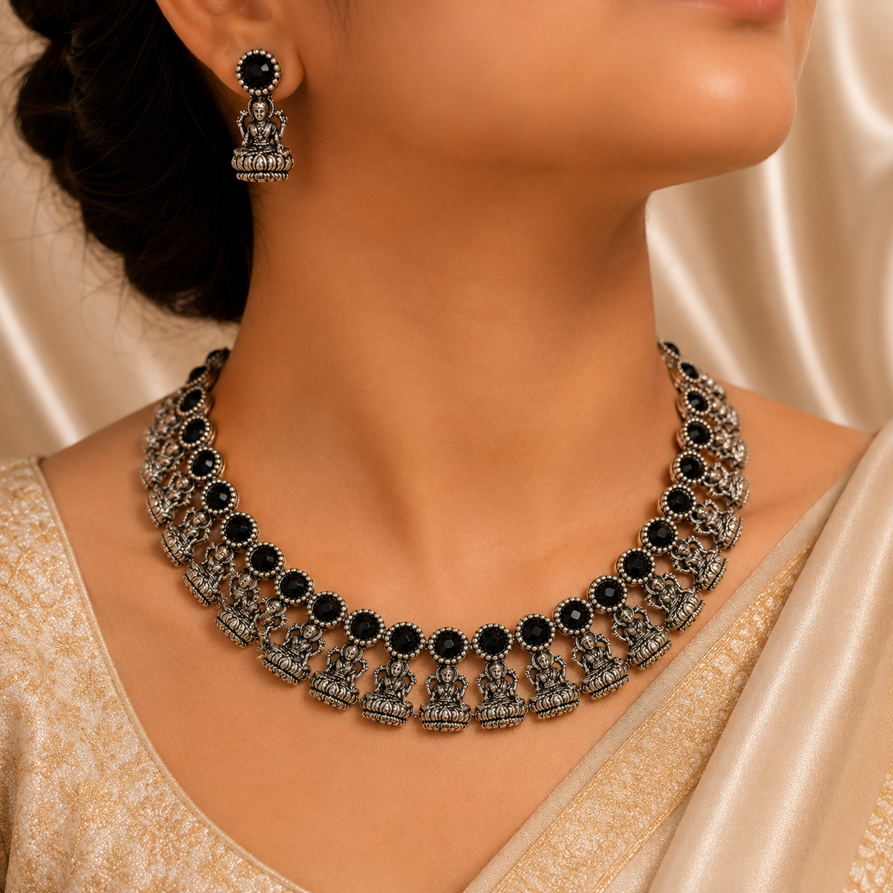 Antique Silver Black Kemp Lakshi Necklace Set for Women - Matte Finish