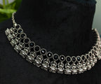 Antique Silver Black Kemp Lakshi Necklace Set for Women - Matte Finish