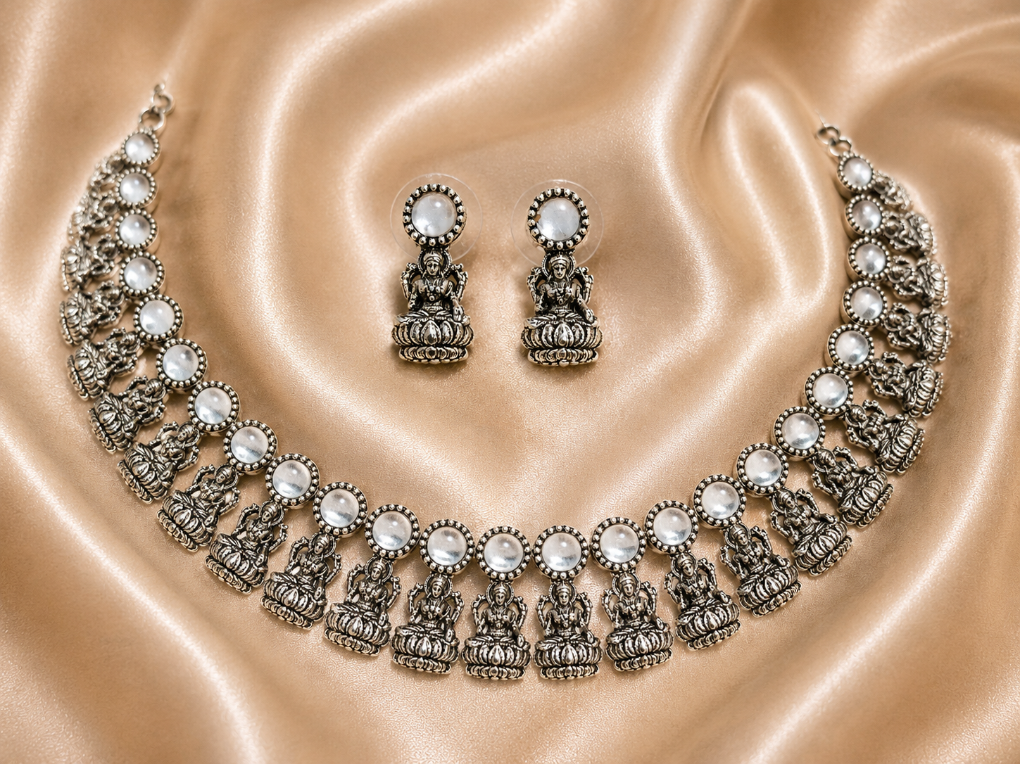 Antique Silver White Kundan Lakshi Necklace Set for Women - Matte Finish
