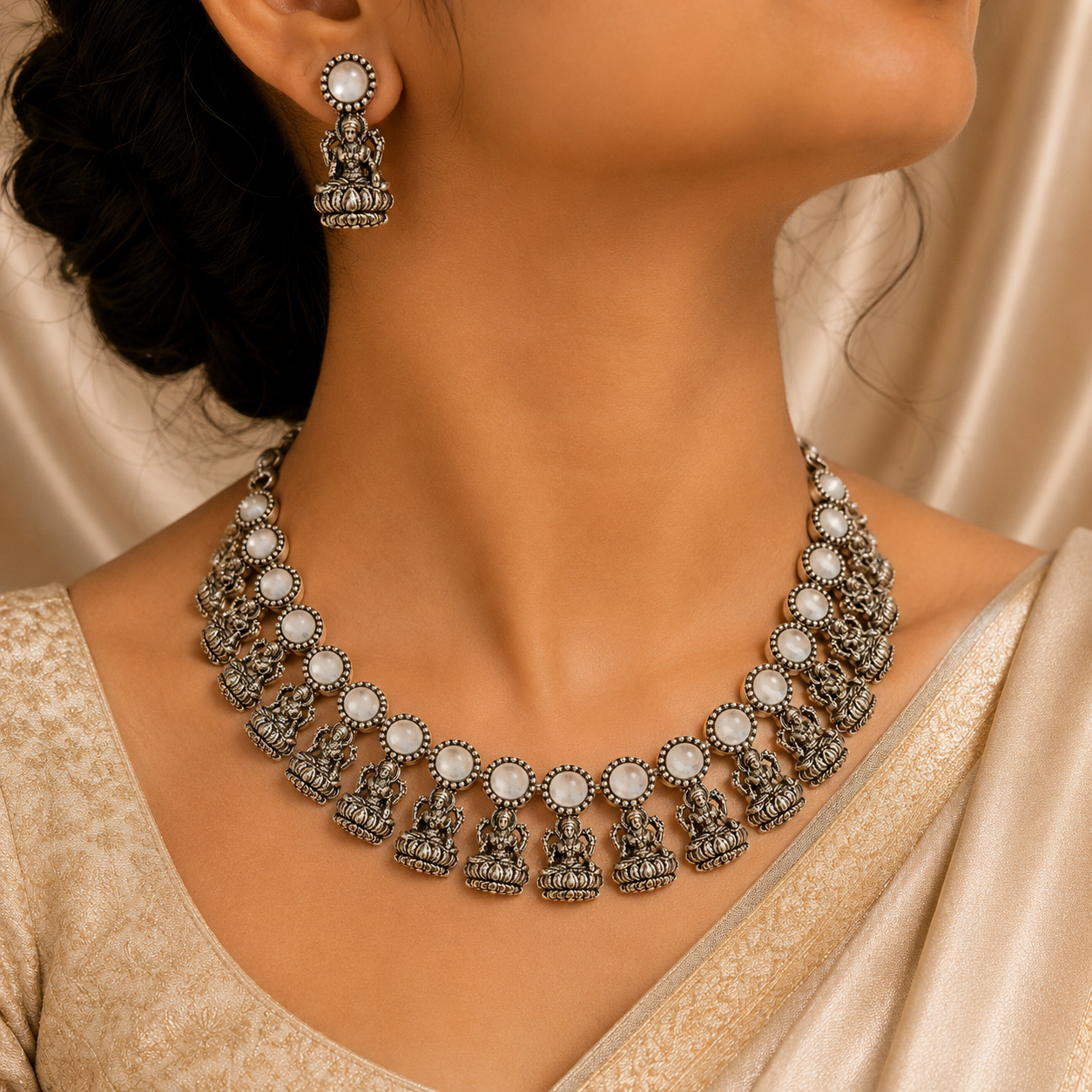 Antique Silver White Kundan Lakshi Necklace Set for Women - Matte Finish