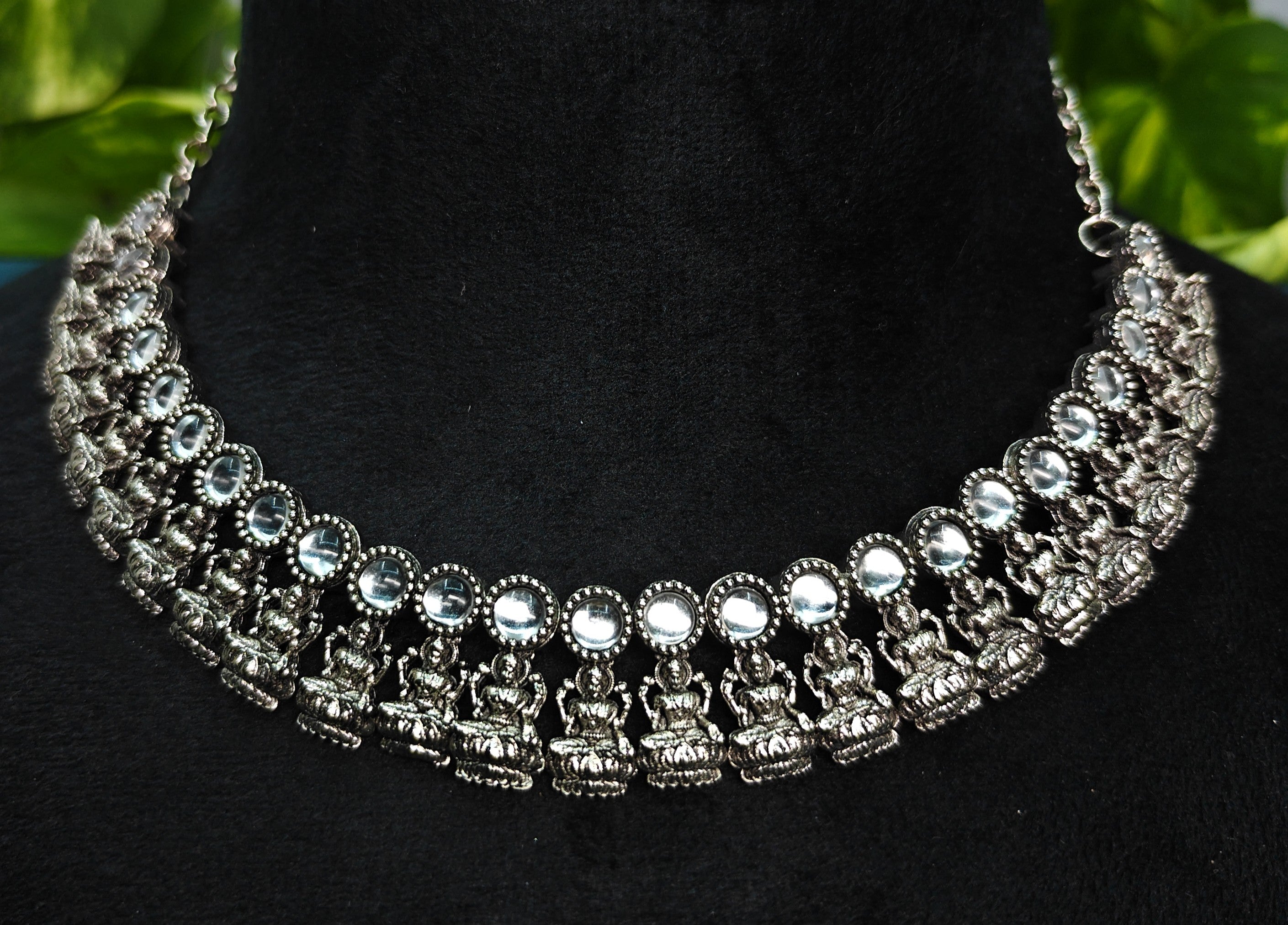 Antique Silver White Kundan Lakshi Necklace Set for Women - Matte Finish