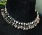 Antique Silver White Kundan Lakshi Necklace Set for Women - Matte Finish