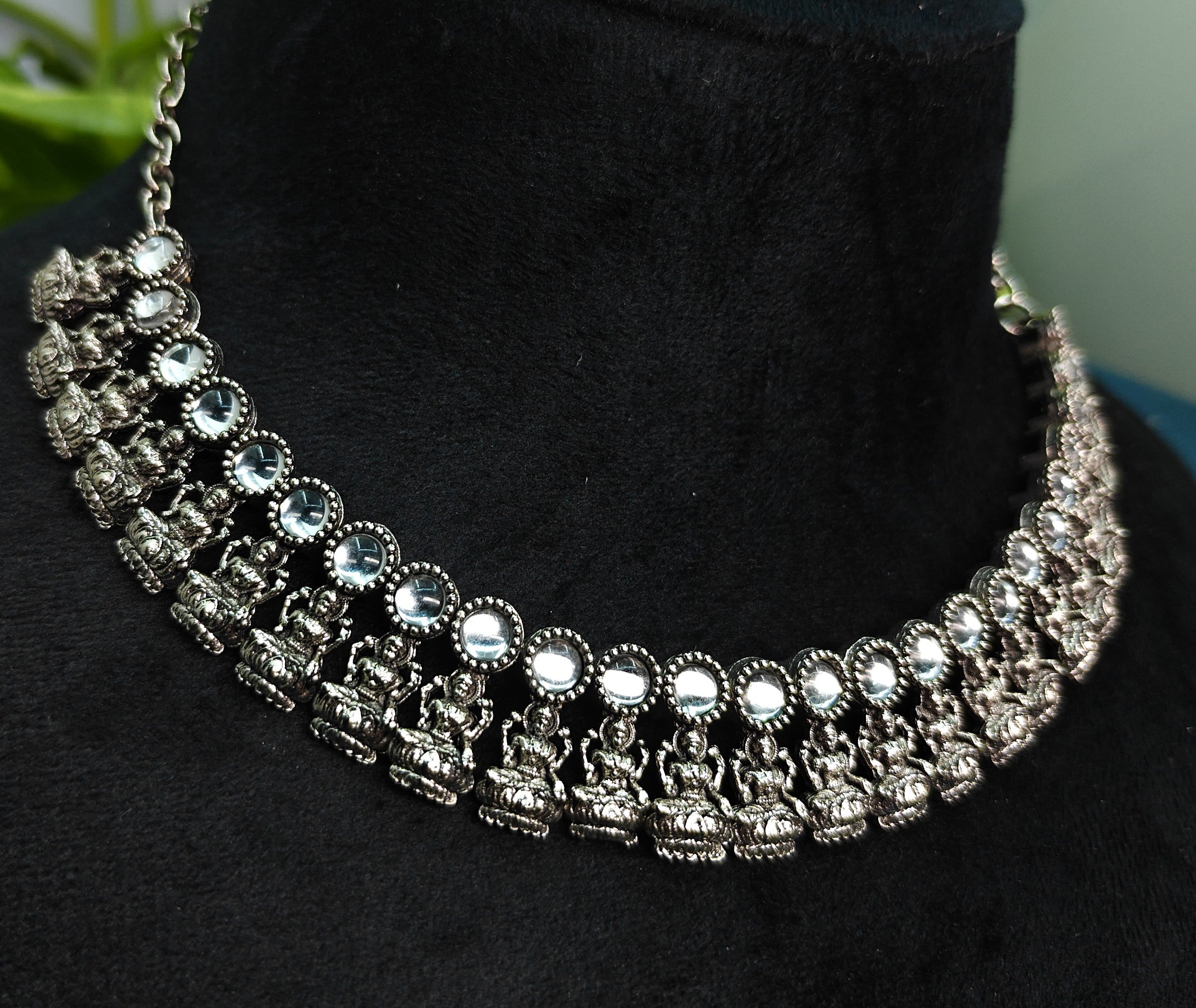 Antique Silver White Kundan Lakshi Necklace Set for Women - Matte Finish