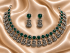 Antique Silver Emerald Green Lakshi Necklace Set for Women - Matte Finish
