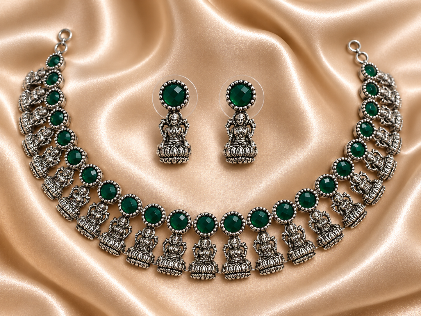 Antique Silver Emerald Green Lakshi Necklace Set for Women - Matte Finish