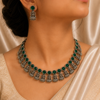 Antique Silver Emerald Green Lakshi Necklace Set for Women - Matte Finish