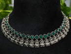 Antique Silver Emerald Green Lakshi Necklace Set for Women - Matte Finish