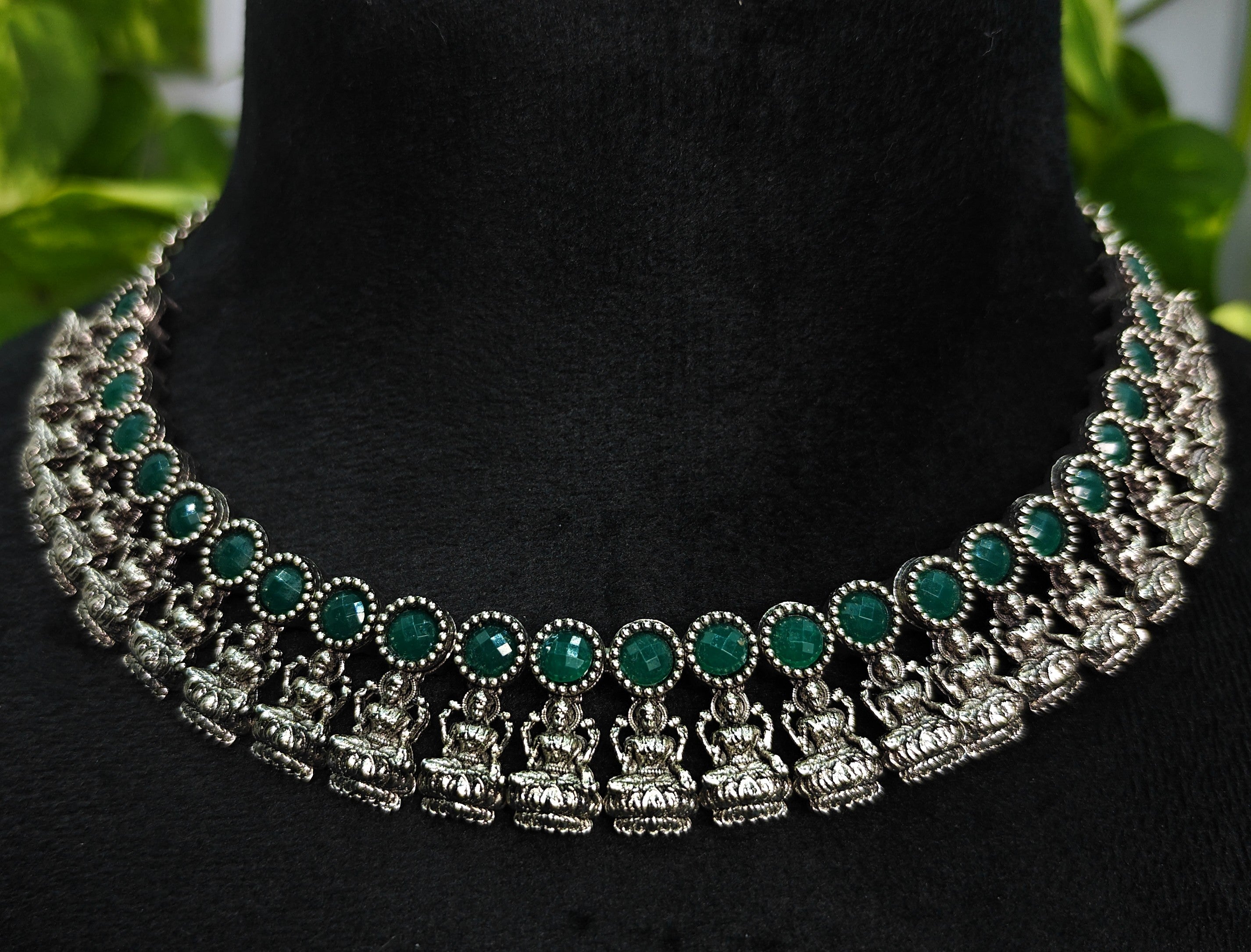 Antique Silver Emerald Green Lakshi Necklace Set for Women - Matte Finish