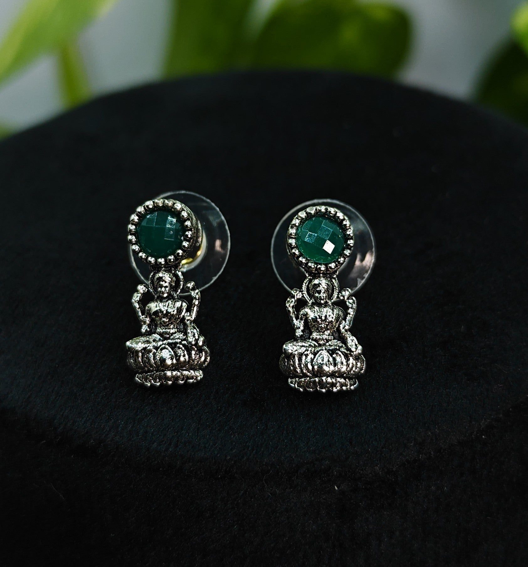 Antique Silver Emerald Green Lakshi Necklace Set for Women - Matte Finish