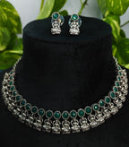 Antique Silver Emerald Green Lakshi Necklace Set for Women - Matte Finish