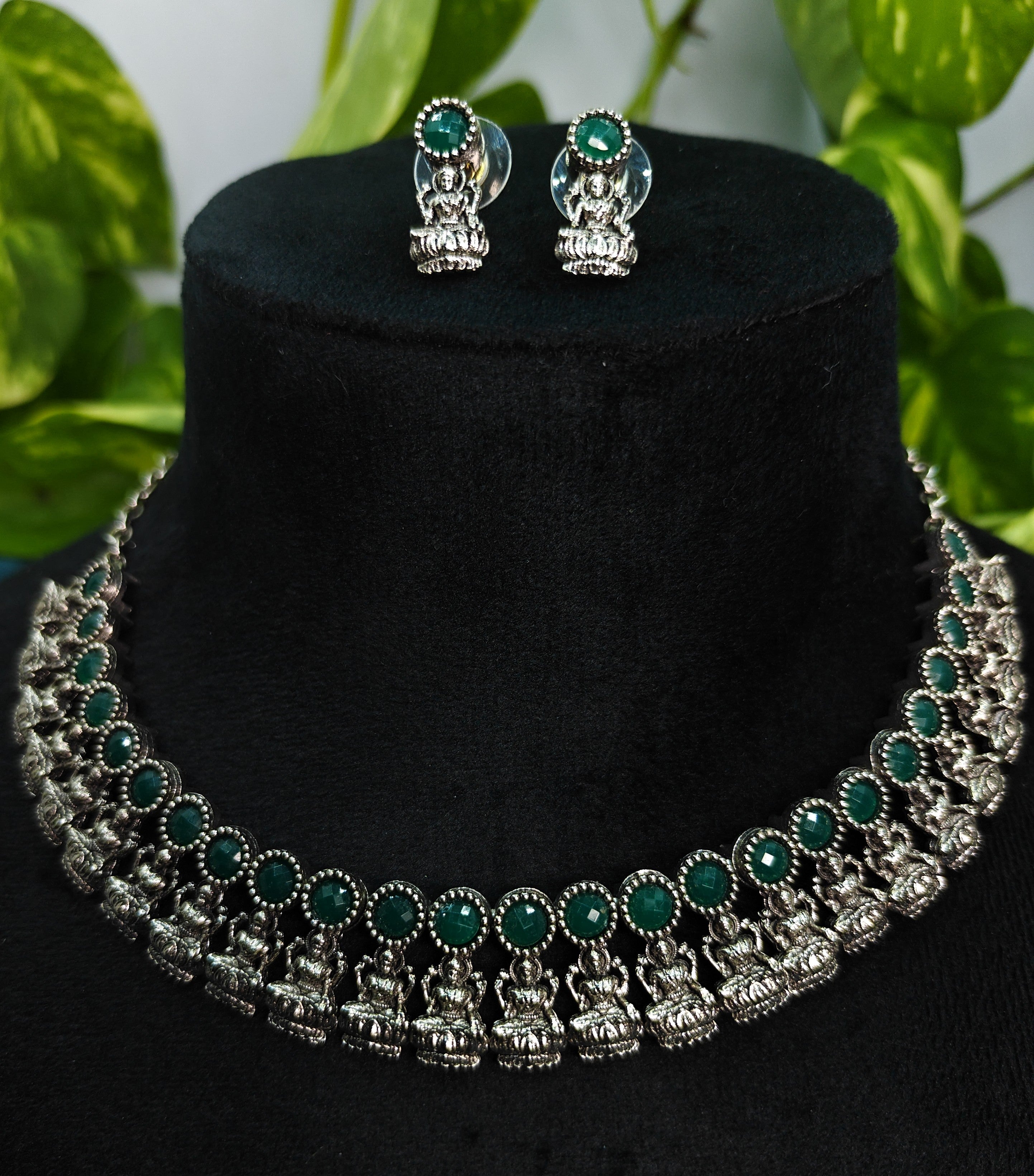 Antique Silver Emerald Green Lakshi Necklace Set for Women - Matte Finish