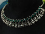 Antique Silver Emerald Green Lakshi Necklace Set for Women - Matte Finish