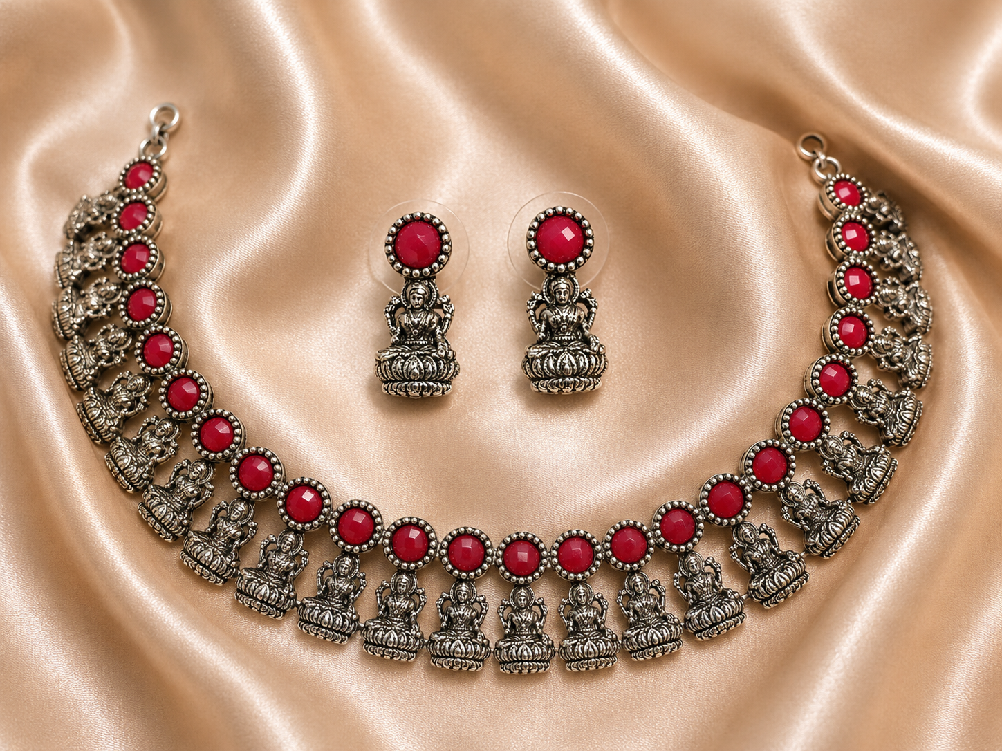 Antique Silver Ruby Red Lakshi Necklace Set for Women - Matte Finish