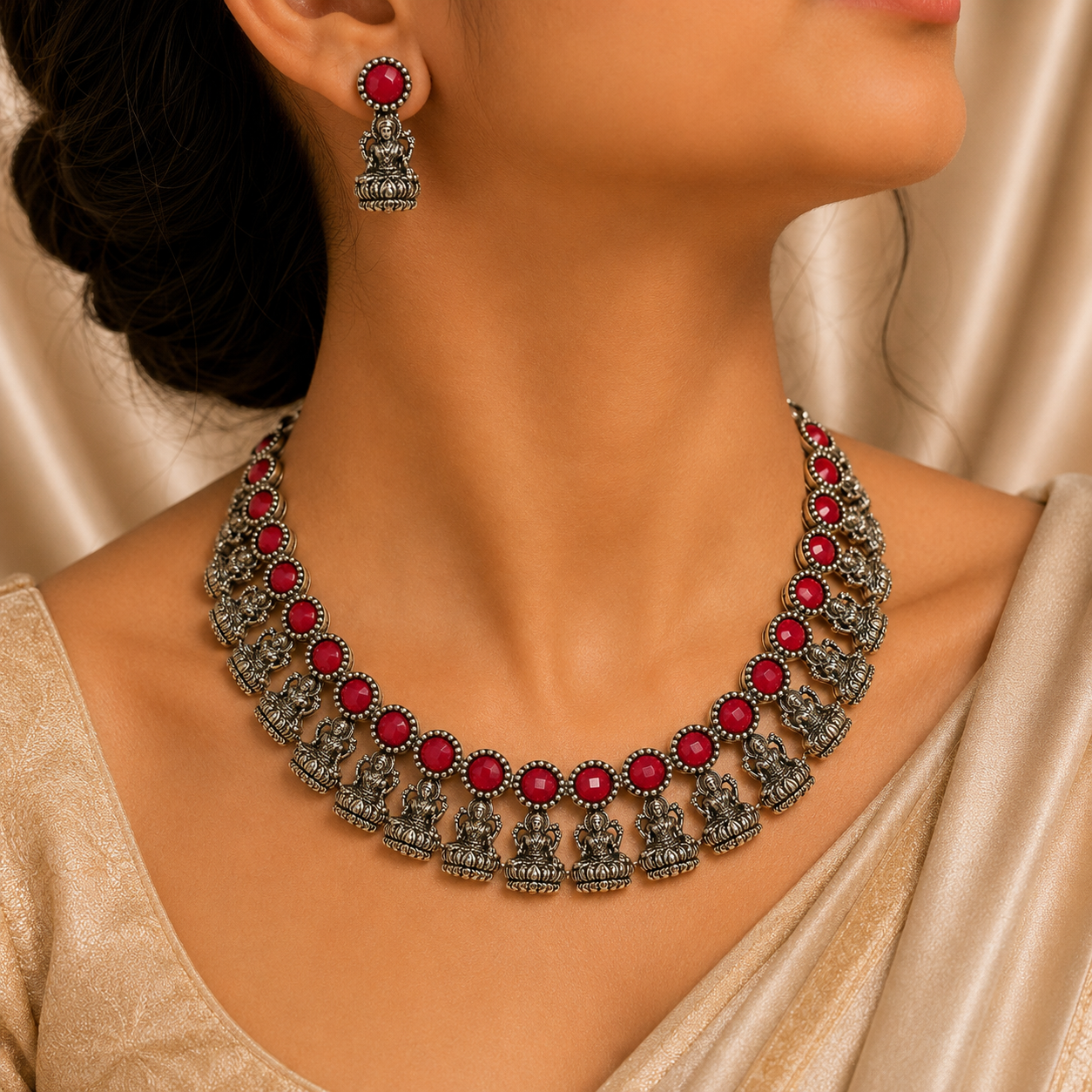 Antique Silver Ruby Red Lakshi Necklace Set for Women - Matte Finish