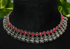 Antique Silver Ruby Red Lakshi Necklace Set for Women - Matte Finish