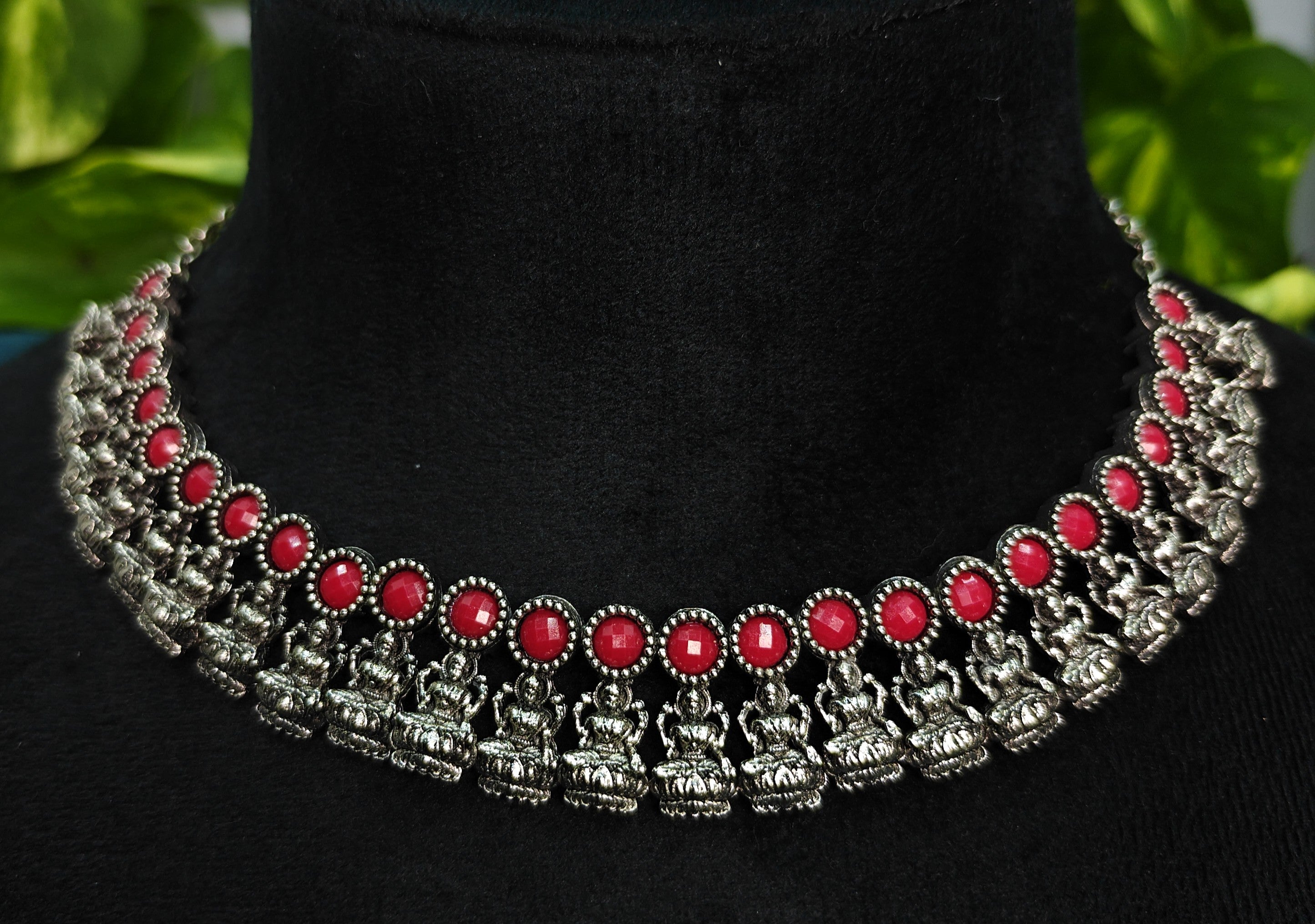 Antique Silver Ruby Red Lakshi Necklace Set for Women - Matte Finish