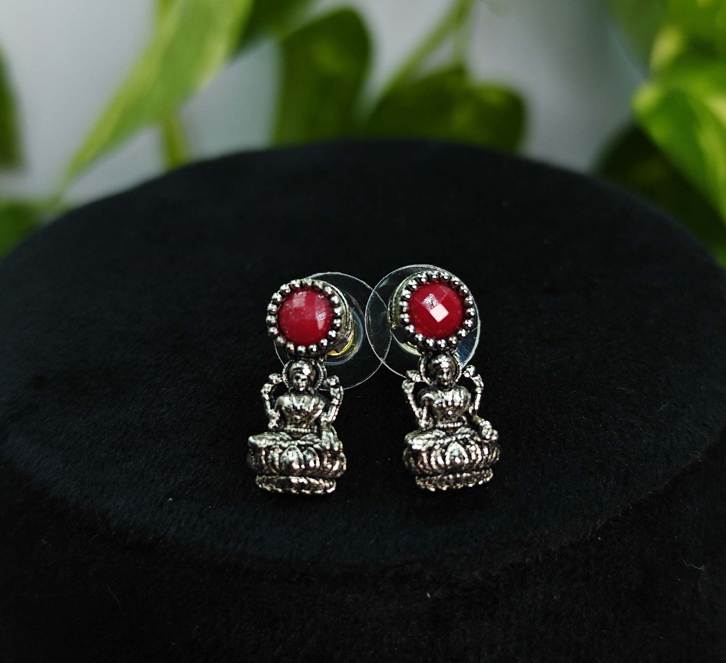 Antique Silver Ruby Red Lakshi Necklace Set for Women - Matte Finish