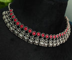 Antique Silver Ruby Red Lakshi Necklace Set for Women - Matte Finish