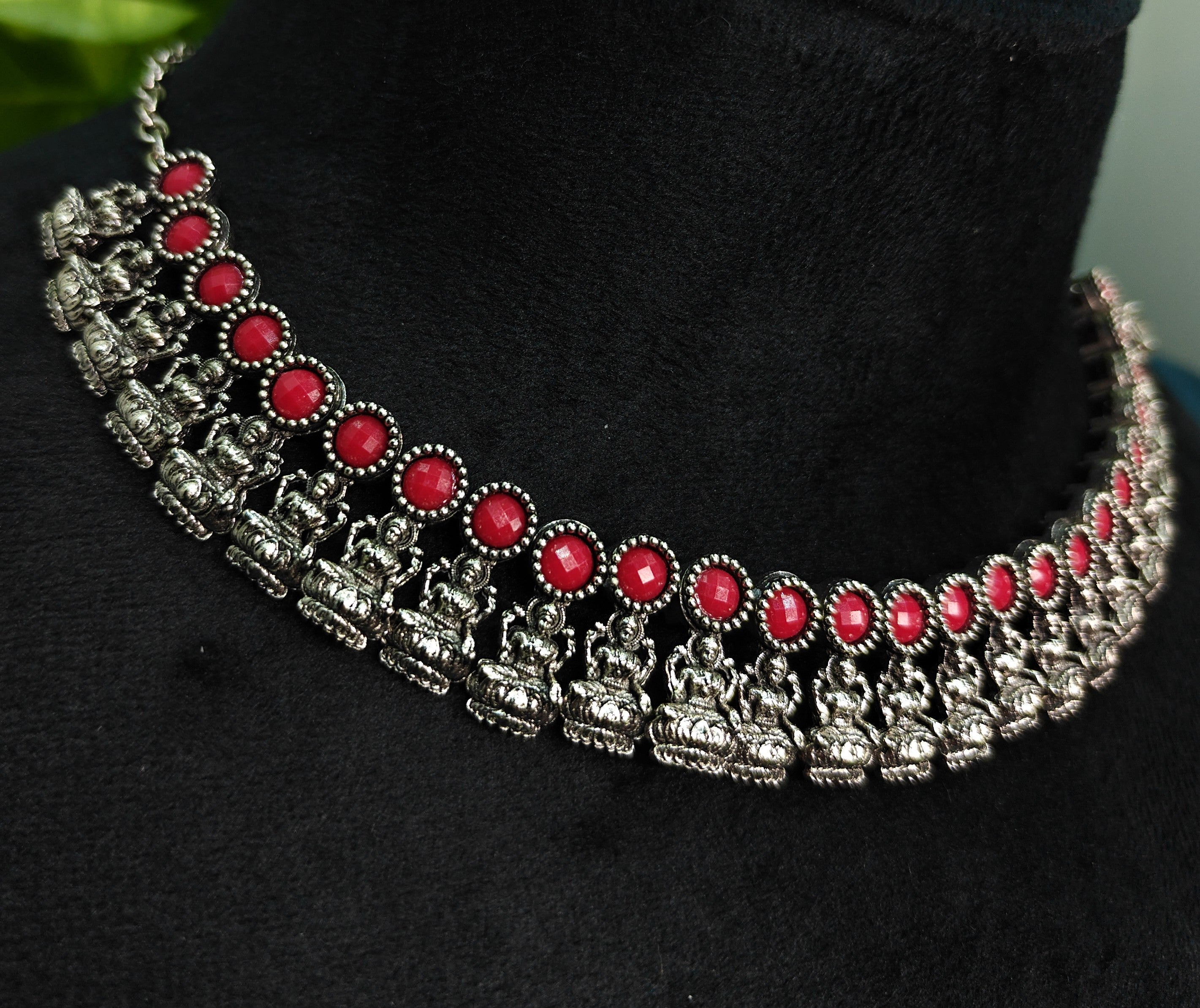 Antique Silver Ruby Red Lakshi Necklace Set for Women - Matte Finish