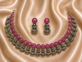 Antique Silver Magenta Lakshi Necklace Set for Women - Matte Finish