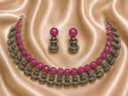 Antique Silver Magenta Lakshi Necklace Set for Women - Matte Finish