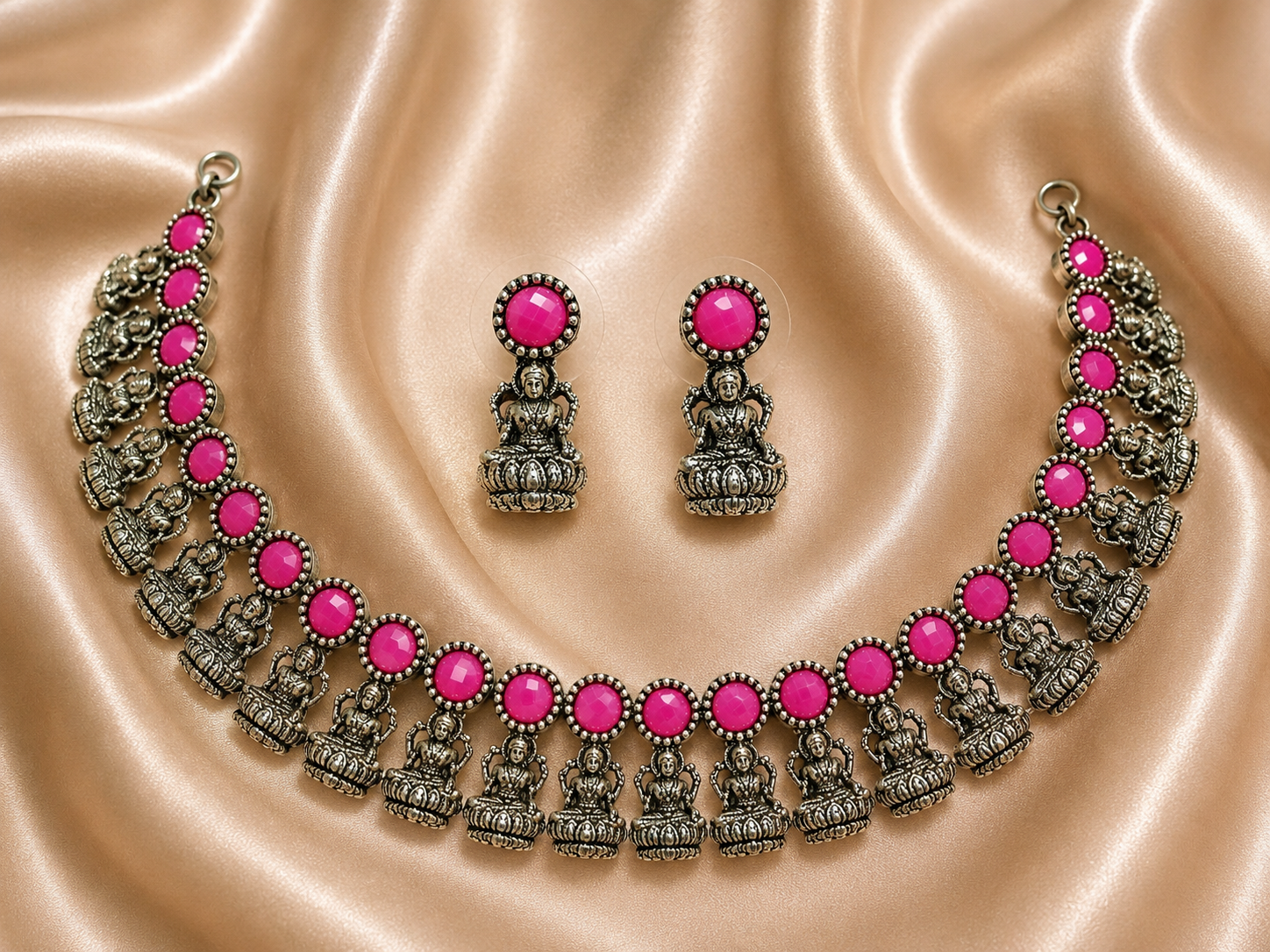 Antique Silver Magenta Lakshi Necklace Set for Women - Matte Finish