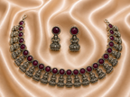 Antique Silver Magenta Lakshi Necklace Set for Women - Matte Finish