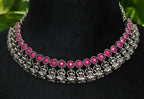 Antique Silver Magenta Lakshi Necklace Set for Women - Matte Finish