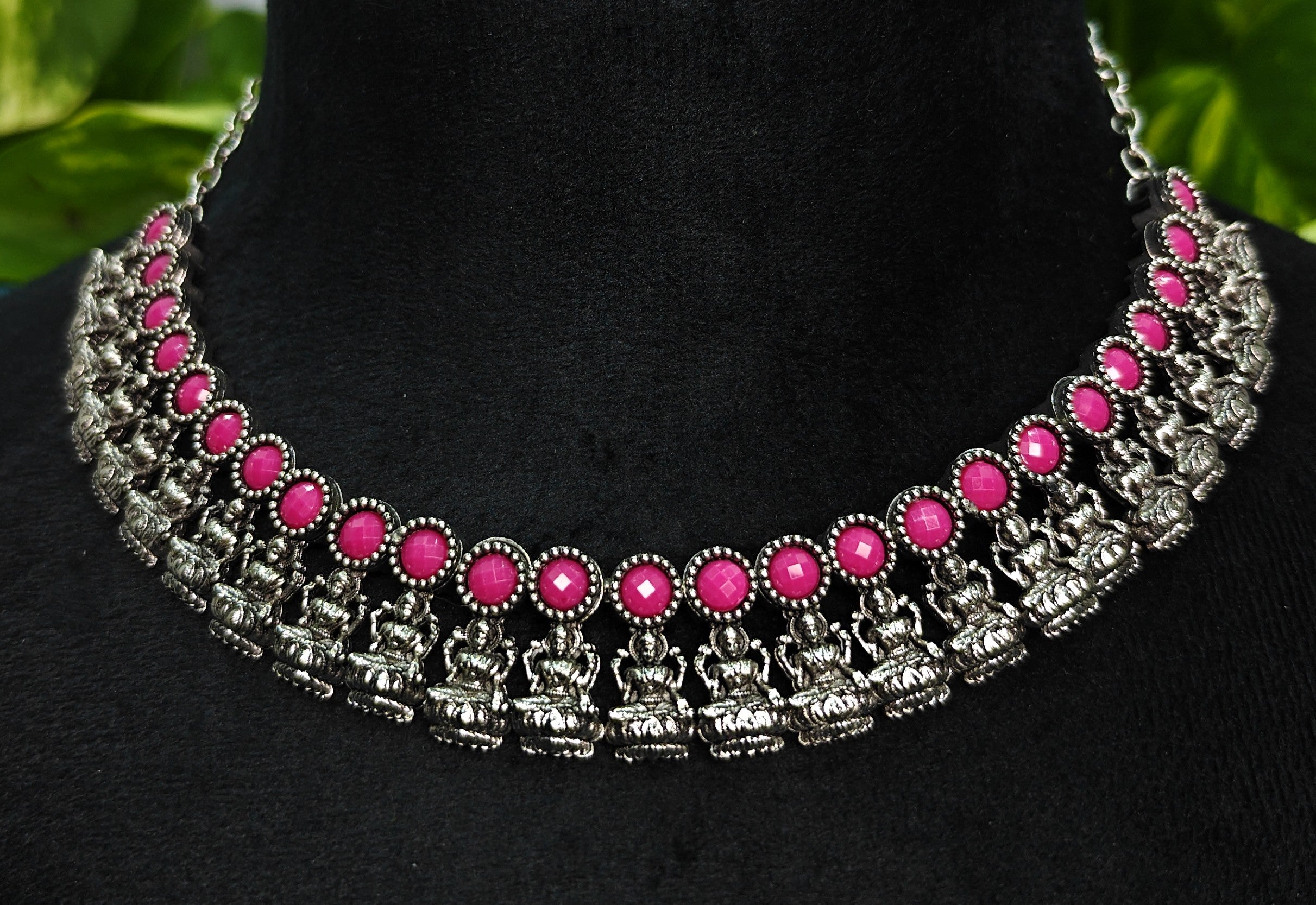 Antique Silver Magenta Lakshi Necklace Set for Women - Matte Finish