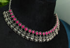 Antique Silver Magenta Lakshi Necklace Set for Women - Matte Finish