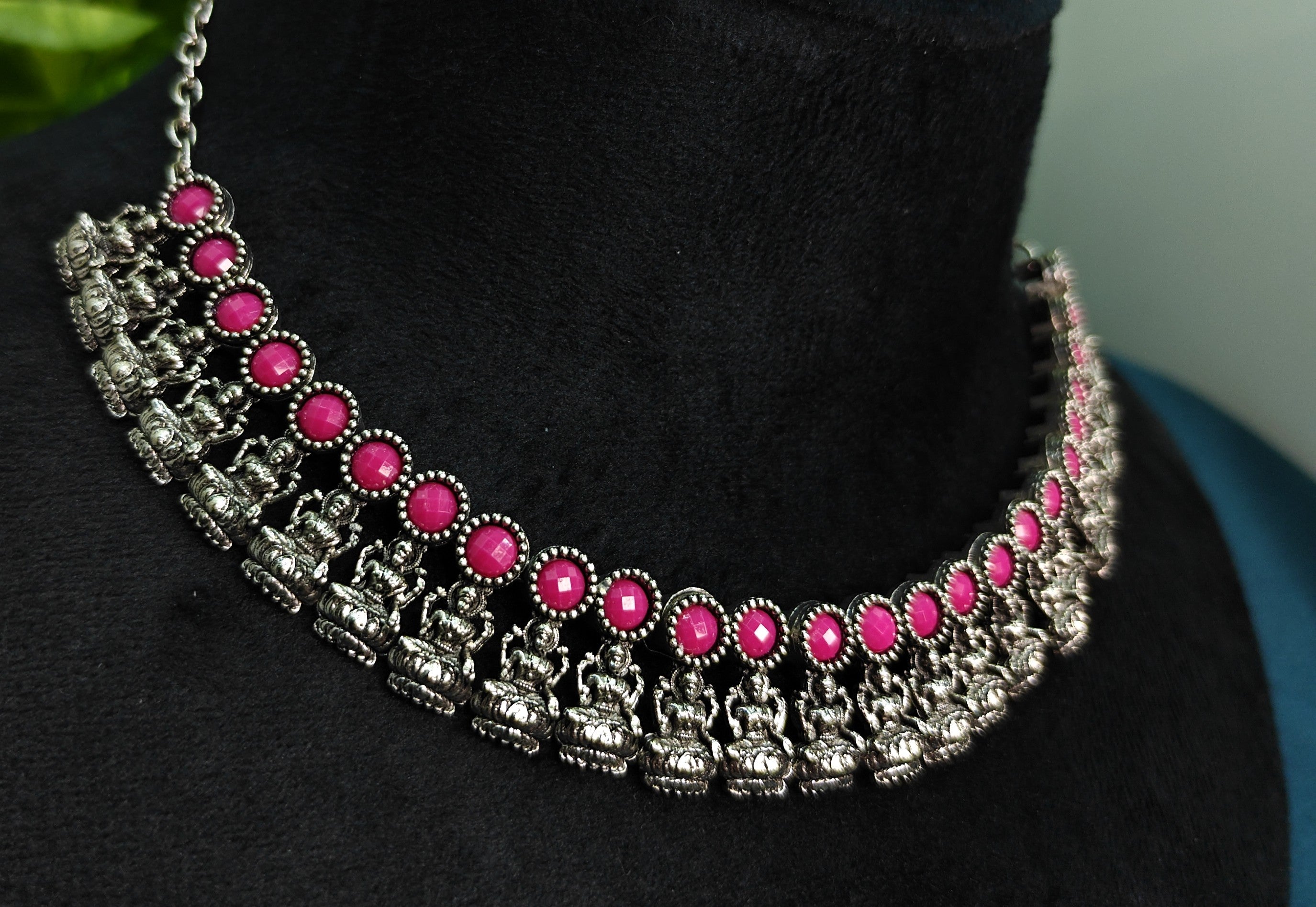 Antique Silver Magenta Lakshi Necklace Set for Women - Matte Finish