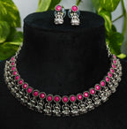 Antique Silver Magenta Lakshi Necklace Set for Women - Matte Finish