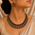 Antique Silver Ruby Maroon Lakshi Necklace Set for Women - Matte Finish