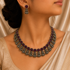 Antique Silver Ruby Maroon Lakshi Necklace Set for Women - Matte Finish
