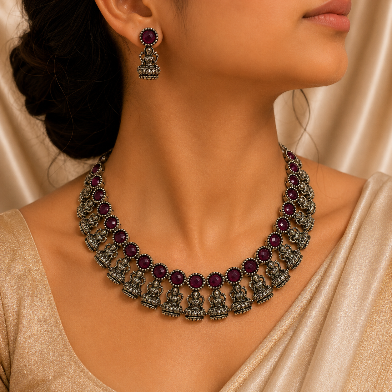 Antique Silver Ruby Maroon Lakshi Necklace Set for Women - Matte Finish