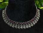 Antique Silver Ruby Maroon Lakshi Necklace Set for Women - Matte Finish